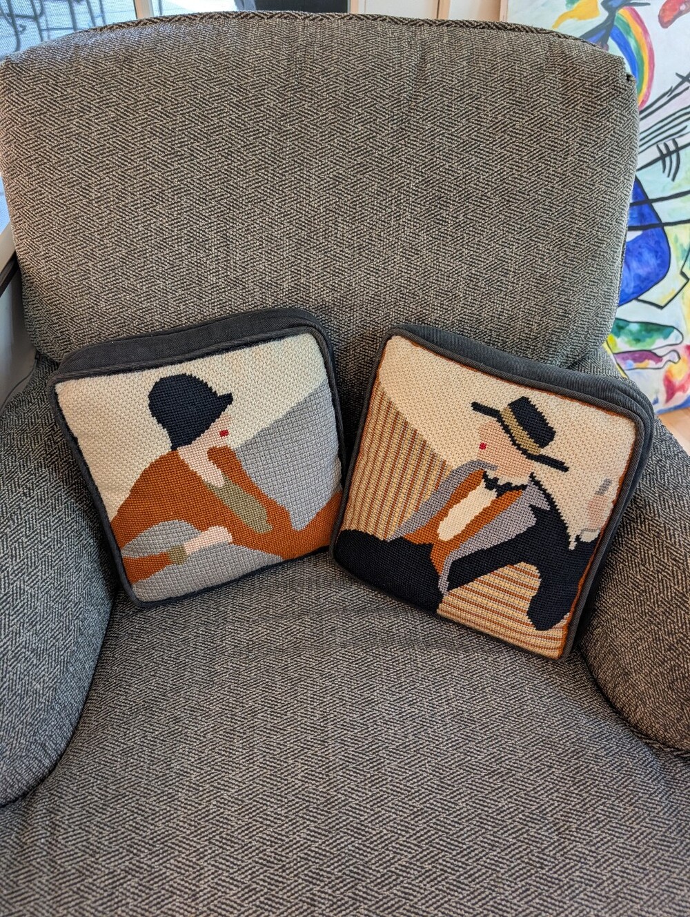 vintage handmade NEEDLEPOINT PILLIOW SET art deco dapper 1920's